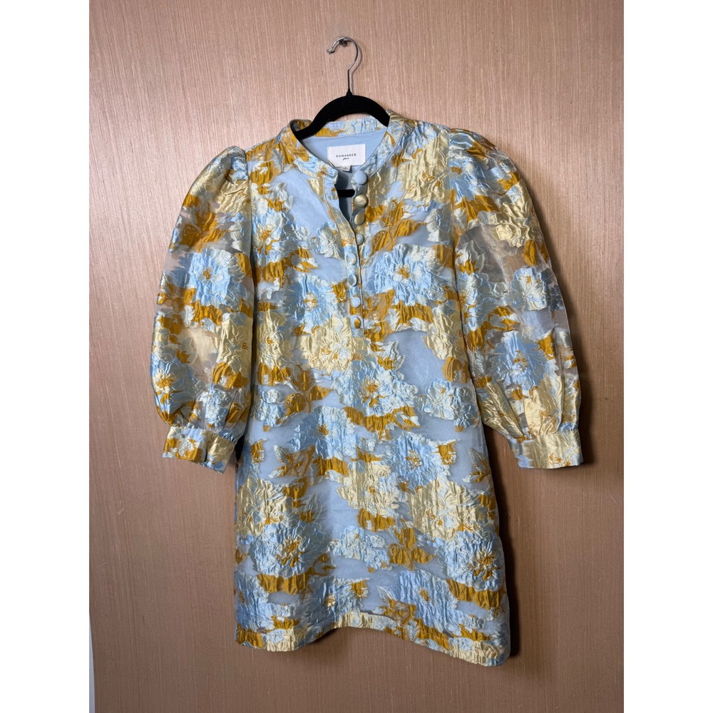 Pomander Place Blue Gold Floral Brocade Puff Sleeve Mini Dress B1970 Small NWT
